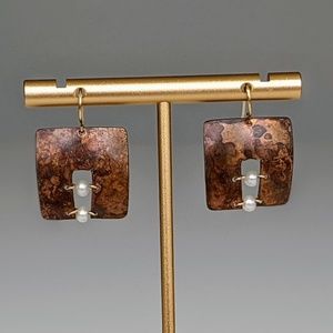 Burnished Copper Square Earrings with Pearls